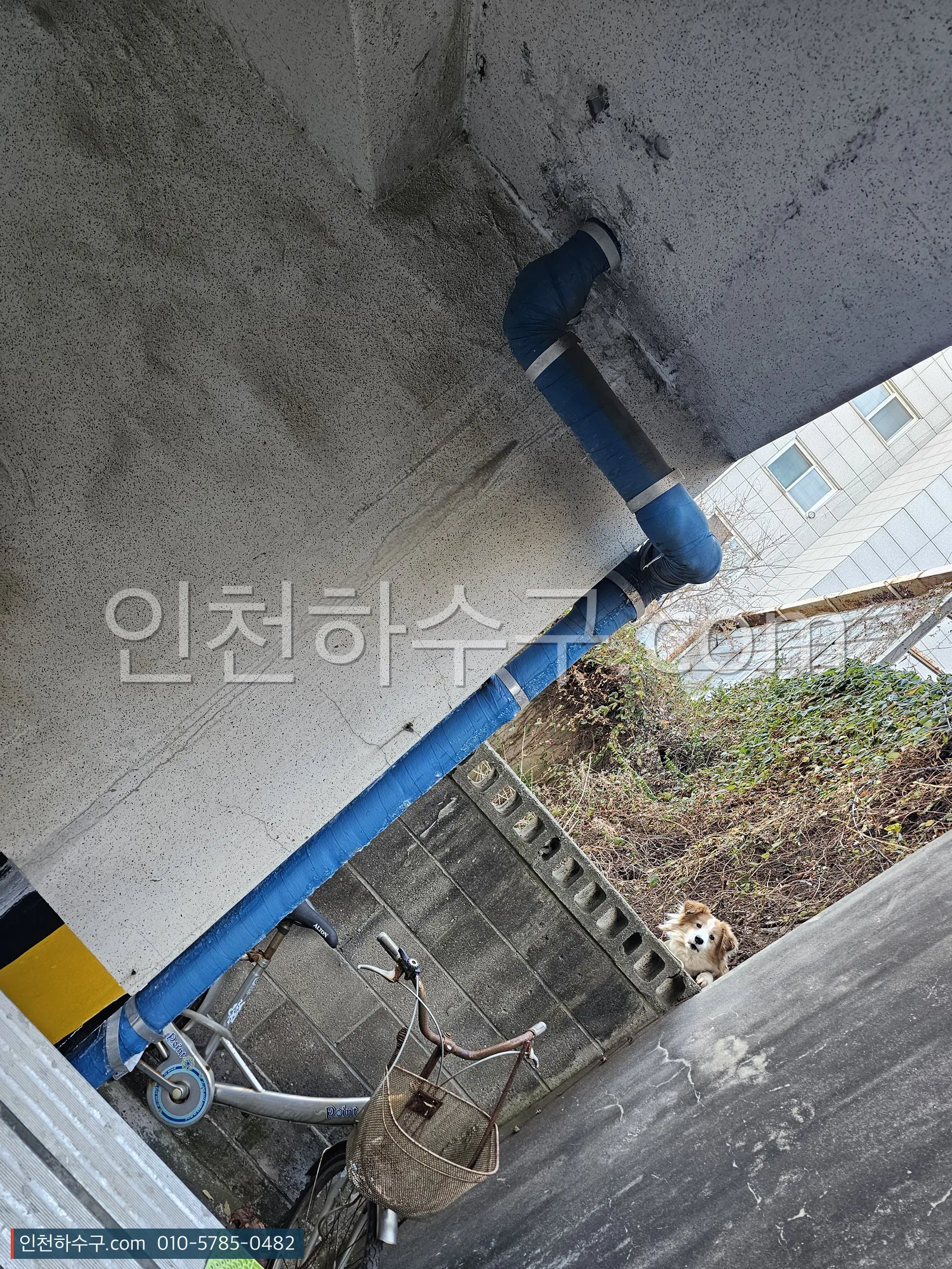 건물 외벽에 노출된 수도관과 수전 — 겨울에 동파가 잦은 구간